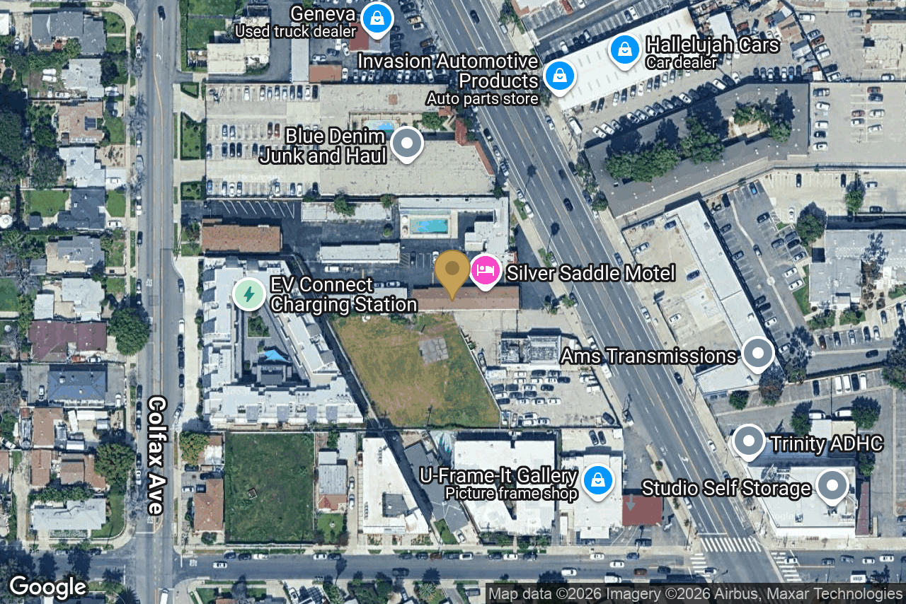 Aerial view of the 4-parcel assemblage: Silver Saddle Motel, restaurant, and vacant rear land